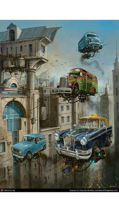 an image of cars flying in the air over cityscape with buildings and buses