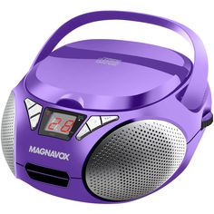 the radio is purple and has an alarm clock on it's front side,