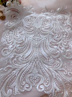 "Ivory Lace applique, beaded lace applique, french chantilly lace applique, wedding lace applique, sequins lace Listing is for one piece. Measure approx: 17.6\" x 12.2\" (44.7 cm x 31 cm) Use for neckline, bridal headpiece, wedding accessories, gifts, bags decoration, etc, you can enjoy the process of DIY, enjoy your beautiful life * Wholesale acceptable! My shop link: http://www.etsy.com/shop/lacelindsay If you have any questions please message me. Thank you for looking." Wedding Embellished Lace Embroidered Fabric, Wedding Embellished Lace Fabric, White Embellished Lace For Wedding, French Chantilly Lace, Fabric Decoration, Corded Lace Fabric, Pearl Embroidery, Corded Lace, Linens And Lace