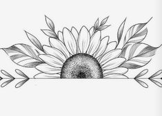 a black and white drawing of a sunflower with leaves on it's head