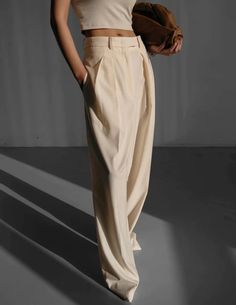 CEYLA HIGH WAISTED TROUSERS IVORY ��– SANNA New York The Frankie Shop, Leg Belt, Frankie Shop, Photoshoot Concept, High Waisted Trousers, Pin Tucks, Small Waist, Long Length, Woven Fabric