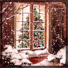 a painting of a christmas tree outside an open window