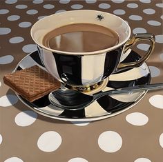 a painting of a cup of coffee and waffles on a polka dot tablecloth