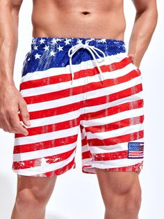 Celebrate your patriotism in style with our American Flag Print Swim Shorts. Crafted with care, these swim shorts showcase a vibrant and eye-catching design that proudly displays the stars and stripes of the American flag. Details: Pattern Type: Striped, Flag Details: Drawstring Type: Bottoms Bottom Type: Shorts Fabric: Non-Stretch Composition: 100% Polyester Care Instructions: Machine wash, do not dry clean Size Chart (Inches): Size US Bottoms Length Hip Size Waist Size S 36 16.9 41.7 29.1-40.9 Shorts For 4th Of July Beach Events, 4th Of July Beach Shorts, Short Shorts For 4th Of July Beach Events, Beach Shorts With Flag Print, Casual Beach Shorts With Flag Print, White Swimwear For 4th Of July Vacation, Casual 4th Of July Swimwear For Vacation, Casual Shorts For 4th Of July Beach, White Beach Bottoms For 4th Of July