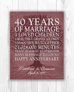 an anniversary card with the words 40 years of marriage on it and a tree design