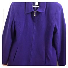 Purple Wool/Cashmere Jacket. Zip Up Jacket Has Shoulder Pads. Two Hidden Pockets In Front Elegant Long Sleeve Blazer With Zipper Closure, Tailored Long Sleeve Blazer With Zipper Closure, Formal Tailored Outerwear With Zipper Closure, Elegant Tailored Outerwear With Zipper Closure, Fitted Long Sleeve Blazer With Zipper Closure, Elegant Winter Blazer With Zipper Closure, Jacket With Zipper, Cashmere Jacket, Purple Jacket