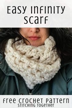 a woman wearing a white crochet scarf with text overlay that reads, easy infinity scarf