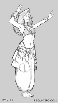 a drawing of a woman in a costume with her arms spread out and hands outstretched