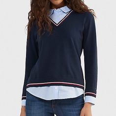 Nwt // Never Worn Before Tommy Hilfiger Women's Sweater. To Achieve That Layered Look Without The Additional Bulk, We Polished Up Our Soft Cozy Sweater With A Collar, Cuff And Hem Shirting Finish. - Size: M (Standard Women's Usa Sizing) - Color: Sky Captain - Regular Fit - 100% Cotton - Style #: Tg001737 Please Refer To Pictures And Ask Questions Tommy Hilfiger V-neck Winter Top, Preppy Winter Workwear Top, Tommy Hilfiger Tops For Office In Fall, Tommy Hilfiger Blue Top For Workwear, Tommy Hilfiger Navy Winter Tops, Tommy Hilfiger Blue Top For Work, Classic Tommy Hilfiger Tops For Fall, Tommy Hilfiger Women Sweater, Fall Styles