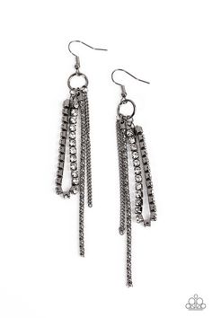 Infused with strands of classic gunmetal chain and gunmetal popcorn chain, a row of glassy white rhinestones delicately loops into a glitzy tassel. Earring attaches to a standard fishhook fitting.

 Sold as one pair of earrings. Tassel Earring, Swing Dance, Fairy Necklace, Paparazzi Accessories, April 13, Black Jewelry, White Rhinestone, Black Earrings, Affordable Jewelry