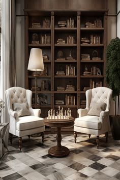 Luxurious game room with plush chairs, a central chess table, and classic bookshelves filled with literature. Chess Nook Living Rooms, Chess Board Decor Living Room, Chess Room Ideas, Sitting Room Library Ideas, Chess Board In Living Room, Different House Themes, Chess Room Design, Elegant Game Room, Chess Table In Living Room