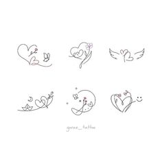 six different tattoos that have hearts and birds on them, with the words love written in each