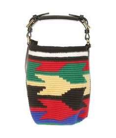 a multicolored knitted handbag on a white background