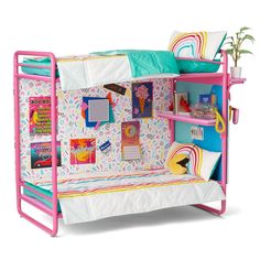 a child's bunk bed with lots of toys on the top and bottom shelves