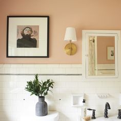 a bathroom with two sinks, a mirror and a potted plant on the wall