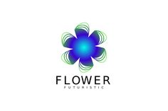 the logo for flower futuristic is blue and green with an abstract flower in the center