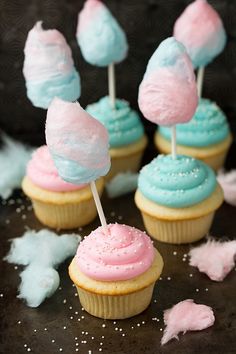 cupcakes with blue and pink frosting on top