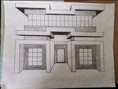 a drawing of a building with three windows