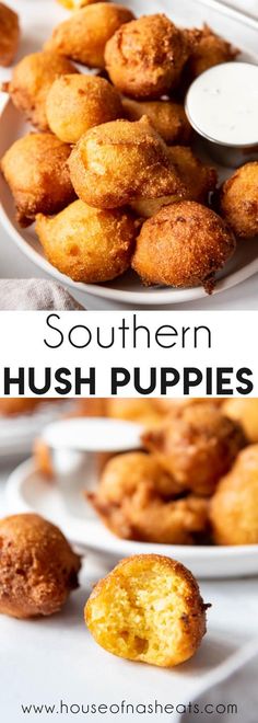 southern hush puppies on plates with dipping sauce in the middle and another plate full of them