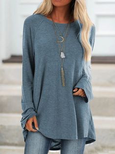 Gray Cotton Casual Crew Neck Solid Shirts & Tops Graduation Outfits, Casual Shirt Women, Round Neck Shirt, Extra Long Sleeves, Summer Concert, Linnet, Women Long Sleeve Tops, Knit Tunic, Tunic Styles