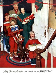 a vintage christmas card with children singing carols and holding presents in front of an open door