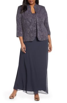 This two-piece ensemble is made of stretch jacquard knit with a fitted bodice and jacket atop a flowing chiffon column skirt ideal for every formal occasion. 57" dress length; 25" jacket length Hidden back-zip closure Scoop neck Sleeveless Bra friendly Removable jacket Jacket has hook-and-eye closure; Mandarin collar; three-quarter sleeves Partially lined Jacket and bodice are 55% acetate, 40% polyester, 5% spandex; skirt is 100% polyester Hand wash, dry flat Imported Women's Clothing Gown With Jacket, Two Piece Gown, Bodycon Evening Dress, Column Skirt, Alex Evenings, Chiffon Gown, A Line Gown, Chiffon Lace, Two Piece Dress