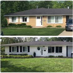 before and after photos of a house in the suburbs, with grass growing on the front lawn