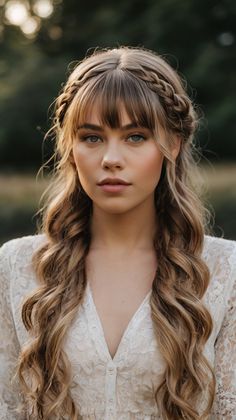 wedding hairstyles half length with bangs Front Bangs Updo, Bridal Dutch Braid, Bangs Wedding Updo, Dutch Half Up Half Down, Formal Hair With Bangs Half Up, Loose Braid Hairstyles Wedding, Bride Hair Bangs, Half Up Half Down Hair With Ribbon, Curtain Bangs Half Up Half Down