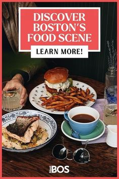 an advertisement for boston's food scene with plates of food and glasses on the table