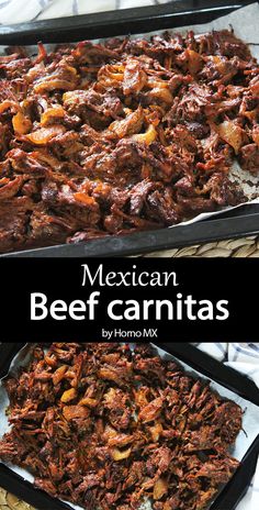 mexican beef carnitas recipe is shown in two pans with the title above it