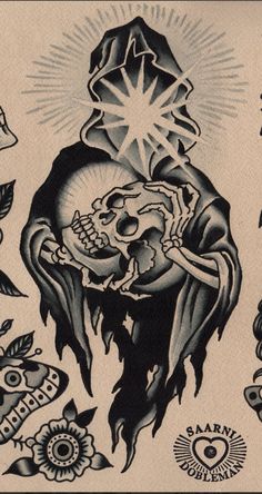 an old school tattoo design featuring a skeleton holding a skull and other tattoos on it