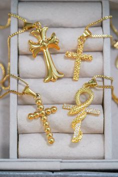 18K Gold Filled Cross Necklace, Gold Filled Cross Necklace, Cross Pendant, Christmas Gifts NECKLACE DETAILS - Style 1; gold-filled; height is approx. 1.25'' - Style 2; gold-filled; height is approx. 1.25'' - Style 3; gold plated; height is approx. 1.25'' - Style 4; gold plated; height is approx. 1'' - Style 5; gold-filled; height is approx. 1'' - Box chain; gold plated stainless steel; length is approx. 17.5'' All Items Are - 100% hypoallergenic, Lead & Nickel Free We beautifully package every i Gothic Gold Pendant Necklace, Gold Gothic Jewelry With Adjustable Chain, Gothic Gold Cross Pendant Jewelry, Gothic Gold Necklace With Clavicle Chain, Gothic Gold Jewelry With Adjustable Chain, Gothic Gold Necklace With Adjustable Chain, Gold Gothic Necklace For Gift, Gothic Gold Necklace For Gift, Box Chain Gold