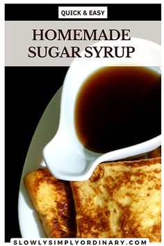 homemade sugar syrup on a white plate with grilled cheese and sauce in a gravy bowl