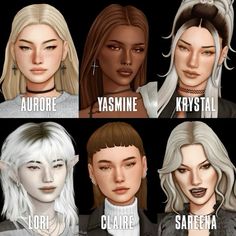 four different types of female avatars with the names of their hair and makeup colors