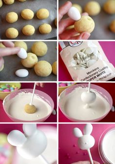 the process for making mickey mouse marshmallows is shown in several different pictures