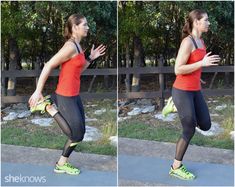 a woman is running on the sidewalk in tights and sports bras with her hands out