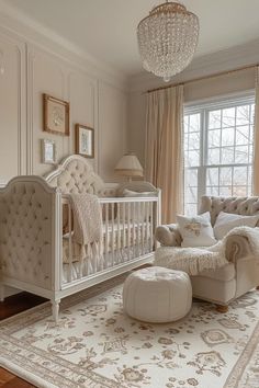 a baby's room with a crib, couch and ottoman