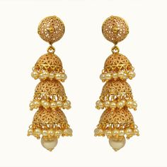 "Big Jhumka Length: 2.5\" Gorgeous Gold Earrings with gold drops. Highest quality and craftsmanship, Ready to ship from Edison NJ USA Please contact us any questions" Jhumki Earrings Gold, Indian Earrings Gold, Jhumka Earrings Gold, South Indian Earrings, Pearl Jhumkas, Gold Jhumkas, Earrings Kundan, Pakistani Earrings, Gold Jhumka