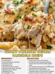 the recipe for creamy parmesan chicken casserole is shown