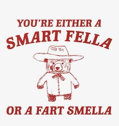 a bear wearing a cowboy hat with the words, you're either a smart fella or a fart smell