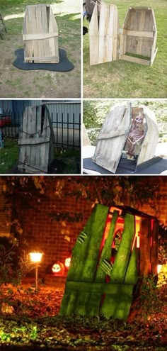 several different pictures of wooden crates in the grass and on the ground, with lights shining from them