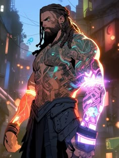 a man with dreadlocks standing in the middle of a street holding a glowing arm