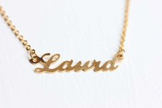 Vintage Name Necklace - Laura on Etsy, $16.00 Vintage Silver Name Necklace, Vintage Personalized Nameplate Necklace, Personalized Vintage Nameplate Necklace, Vintage Nameplate Necklaces, Vintage Gold Nameplate Jewelry, Vintage Custom Name Jewelry Nameplate, Vintage Custom Name Nameplate Jewelry, Vintage Custom Nameplate Jewelry, Vintage Gold Name Necklace