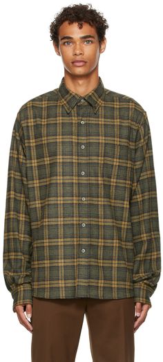 Long sleeve wool-blend flannel shirt in green featuring check pattern in tones of blue and yellow. Button down spread collar. Button closure at front. Available exclusively at SSENSE. Supplier color: Basil | Maryam Nassir Zadeh SSENSE Exclusive Foundation Shirt Maryam Nassir Zadeh, Blue And Yellow, Check Pattern, Luxury Streetwear, Flannel Shirt, Basil, Wool Blend, Casual Button Down Shirt, Button Downs