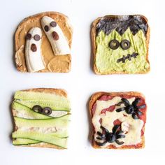 four pieces of toast with food on them and faces made to look like halloween characters