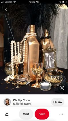 a table topped with lots of gold items