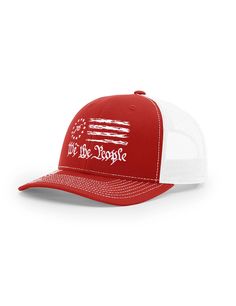 • Classic Fit Trucker Style Baseball Hat with Embroidered Graphic • Adult, One Size Fits All • Adjustable Plastic Snap • 35% Cotton / 65% Polyester • Embroidered in the U.S.A. We The People Flag, Zanesville Ohio, Ben Franklin, We The People, Snake Design, Embroidered Caps, Royal Red, Hats For Sale, Baseball Hat