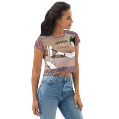 Adios! AOP Stretch Fabric Women's Crop Top Shirt. EXCLUSIVE OF DESIGN. MADE-TO-ORDER. Part of the Original Vintage collection from Whimzy Tees. Are you Looking for you next wardrobe favorite? Well, look no further because this crop tee is printed and sewn to fit you just right. To top that off, the original all-over design is definitely worth showing off, so don't hesitate to own one of these tees - they're meant to be adored. Details 96% polyester, 4% elastane Premium knit mid-weight jersey Fou Fitted Graphic Tee Shirt With Front Print, Trendy Fitted Tops With All Over Print, Fitted Tops With Front Print For Spring, Fitted Spring Tops With Front Print, Fitted Graphic Tee With Print, Fitted Printed Graphic Tee Shirt, Fitted Printed Graphic Tee, Casual Fitted Top With Sublimation Print, Fitted Cotton T-shirt With Print