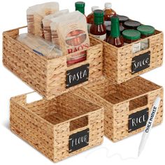 three wicker baskets filled with food and condiments