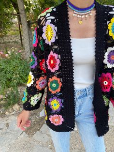 Granny Square Floral Cardigan Summer Vest Cardigan Festival - Etsy Summer Patchwork Cardigan, Multicolor Patchwork Cardigan For Spring, Spring Multicolor Patchwork Cardigan, Black Bohemian Cardigan For Summer, Black Bohemian Summer Cardigan, Bohemian Black Cardigan With Granny Square, Black Bohemian Cardigan With Granny Square Details, Black Bohemian Cardigan With Granny Square, Bohemian Patchwork Cardigan For Summer